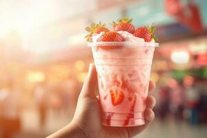 kvinna hand innehar glas av färsk jordgubb smoothie. sommar dryck milkshake och förfriskning organisk begrepp. ai genererad foto