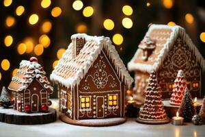 pepparkaka hus i snö med jul dekoration. ai genererad foto