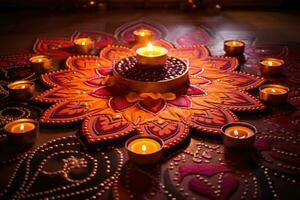 lampor belyst under diwali firande. belysning ljus i rangoli mönster. ai genererad foto