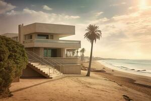 modern strand hus nära de hav. privat bostad på de strand. generativ ai foto