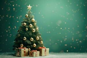 dekorerad jul träd med girlander, bollar, presenterar. ai genererad foto