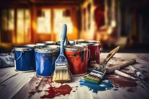 stänga upp av måla burkar och borstar, hus renovering i de bakgrund. generativ ai foto