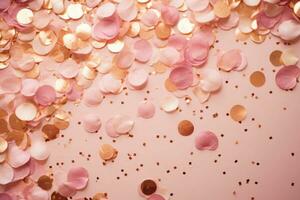 rosa folie konfetti. guld och rosa Färg bakgrund. explosion av konfetti. ai genererad foto