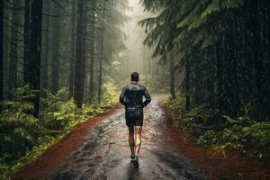 man löpare i sporter jacka springa skog spår i de regn, tillbaka se. generativ ai foto