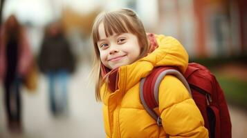 flicka med ner syndrom går till skola foto