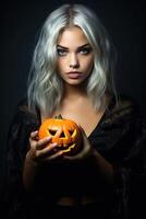 skön kvinna bär halloween kostym med pumpa tillverkad med generativ ai foto