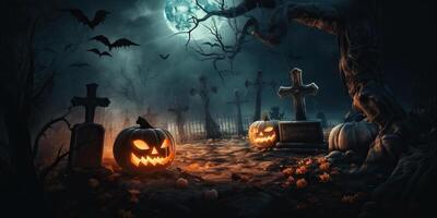 illustration domkraft o lyktor runt om en läskigt kyrkogård tillverkad med generativ ai foto