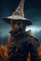 skrämmande scarecrow på de äng med ljus exponering tillverkad med generativ ai foto