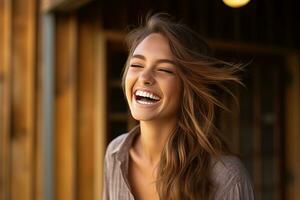 porträtt skön kvinna leende självsäker med ljus exponering tillverkad med generativ ai foto