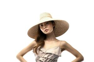 porträtt asiatisk kvinna bär sugrör hatt tillverkad med generativ ai foto