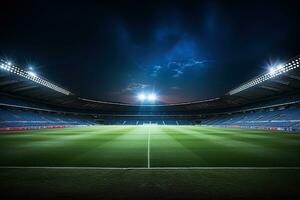 en skott av en fotboll stadion med lampor tillverkad med generativ ai foto