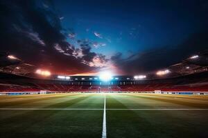 en skott av en fotboll stadion med lampor tillverkad med generativ ai foto