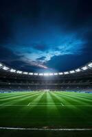 en skott av en fotboll stadion med lampor tillverkad med generativ ai foto