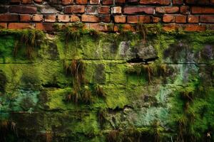 mossiga tegelstenar vägg bakgrund. ai generativ foto