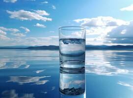 häller vatten in i en glas mot de natur bakgrund. skapas med generativ ai teknologi. foto