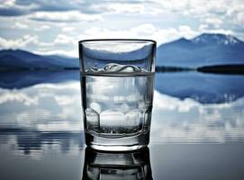 häller vatten in i en glas mot de natur bakgrund. skapas med generativ ai teknologi. foto