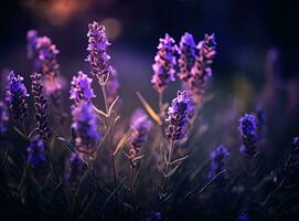 närbild av lavendel- blommor, mjuk fokus på svart bakgrund. skapas med generativ ai teknologi. foto