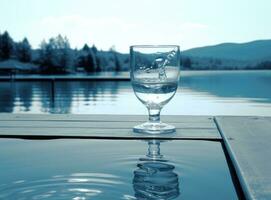 häller vatten in i en glas mot de natur bakgrund. skapas med generativ ai teknologi. foto