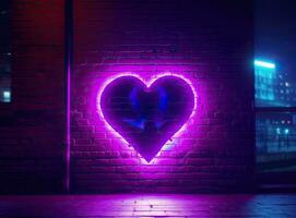 neon hjärta med en glöd på de bakgrund av en mörk tegel vägg. neon tecken rosa och blå. skapas med generativ ai teknologi. foto
