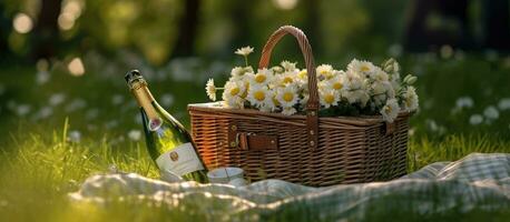 rutig picknick täcke med tömma korg på de blomstrande äng. skapas med generativ ai teknologi. foto