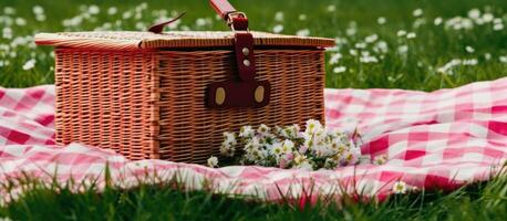 rutig picknick täcke med tömma korg på de blomstrande äng. skapas med generativ ai teknologi. foto