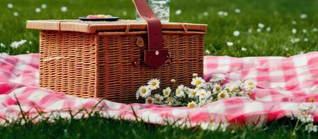 rutig picknick täcke med tömma korg på de blomstrande äng. skapas med generativ ai teknologi. foto