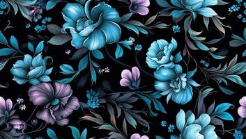 ovanlig blommig sommar sömlös mönster. blå och rosa blommor på en svart bakgrund. årgång. sömlös mönster. skapas med generativ ai teknologi. foto