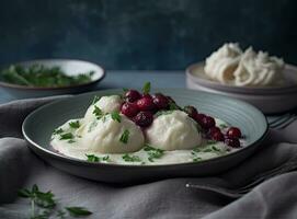 klimpar med körsbär, pierogi, varenyky, vareniki, pyrohy på en ljus bakgrund, baner, meny, recept plats för text, topp se. skapas med generativ ai teknologi. foto