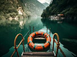 skön se av traditionell trä- rodd båt på naturskön lago di braies i de dolomiter i naturskön morgon- ljus på soluppgång. skapas med generativ ai teknologi. foto