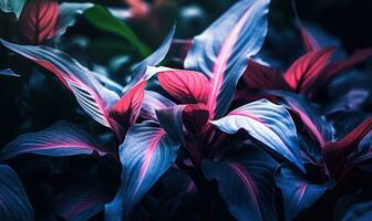 tropisk löv i neon rosa ljus tapet. exotisk lövverk bakgrund. naturlig texturerat. för vykort, bok illustration. skapas med generativ ai verktyg foto