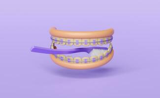 3d ortodonti tecknad serie, tänder tandställning med gummi, rena tandborste isolerat på lila bakgrund. 3d framställa illustration foto
