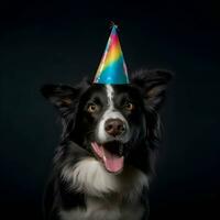 rolig porträtt av gräns collie hund bär födelsedag hatt på svart bakgrund foto