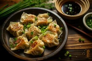 närbild topp se av Ingredienser ålder-gyoza kyckling, japansk mat. ai genererad. foto