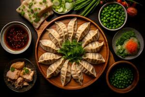 närbild topp se av Ingredienser klassisk gyoza fläsk, japansk mat. ai genererad. foto