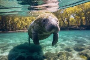 manatee i natur, nationell geografi, bred liv djur. ai genererad. foto