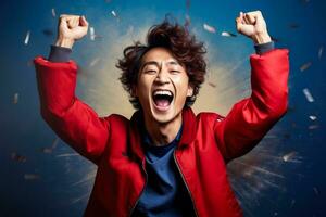 koreanska fotboll fläkt fira en seger på röd och blå bakgrund med tömma Plats för text foto