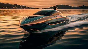 snabb motorbåt av en skön transport med trogen design. ai genererad. foto