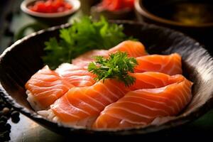 närbild topp se av Ingredienser sashimi uppsättning, lax, tonfisk, japansk mat. ai genererad. foto