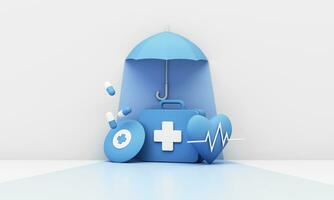 bild design, 3d tolkning, bakgrund för begrepp Begagnade i försäkring, hälsa och medicinsk annonser. i blå toner bestående av en medicinsk låda och ett paraply foto