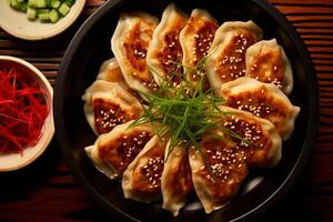 närbild topp se av Ingredienser ålder-gyoza kyckling, japansk mat. ai genererad. foto