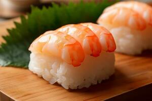 sushi med räka på de tallrik, japansk mat. ai genererad., japansk mat. ai genererad. foto