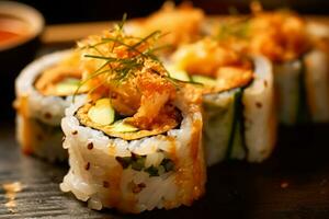 närbild topp se av Ingredienser sushi, japansk mat. ai genererad. foto