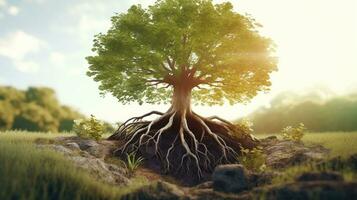 en träd avbildad med dess rötter fast planterade i de jord, generativ ai. foto
