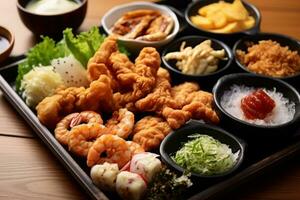 närbild topp se av Ingredienser shirauo karaage, japansk mat. ai generera. foto