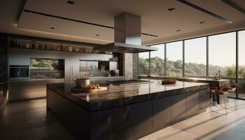 modern kök ö, marmor golv, rostfri stål apparater genererad förbi ai foto