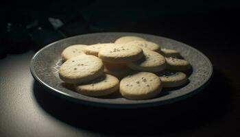 nyligen bakad hemlagad choklad chip småkakor på en gourmet efterrätt tallrik genererad förbi ai foto