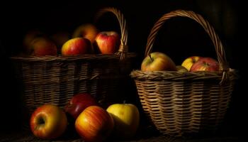 färsk, mogen äpplen i en korg- korg, en natur skörda genererad förbi ai foto