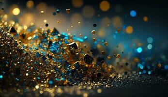 guld glitter defocused abstrakt twinkly lampor bakgrund guld pärlar bokeh moln av partiklar ai generativ foto