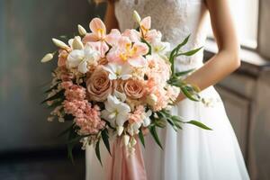 en skön brud innehav henne rosa och vit bröllop bukett foto