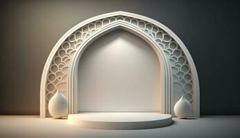 3d framställa moské element i utsmyckad arabiska, islamic archit föreläsning stil interiör. ai generativ foto